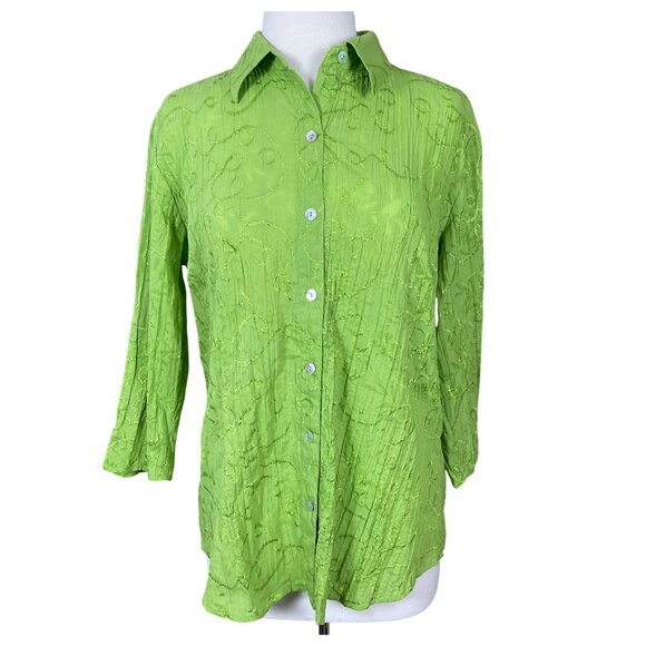 Chicos 3/4 Sleeve Button-Front Embroidered Floral Burnout Crinkle Lime Gr Top M - Picture 1 of 7